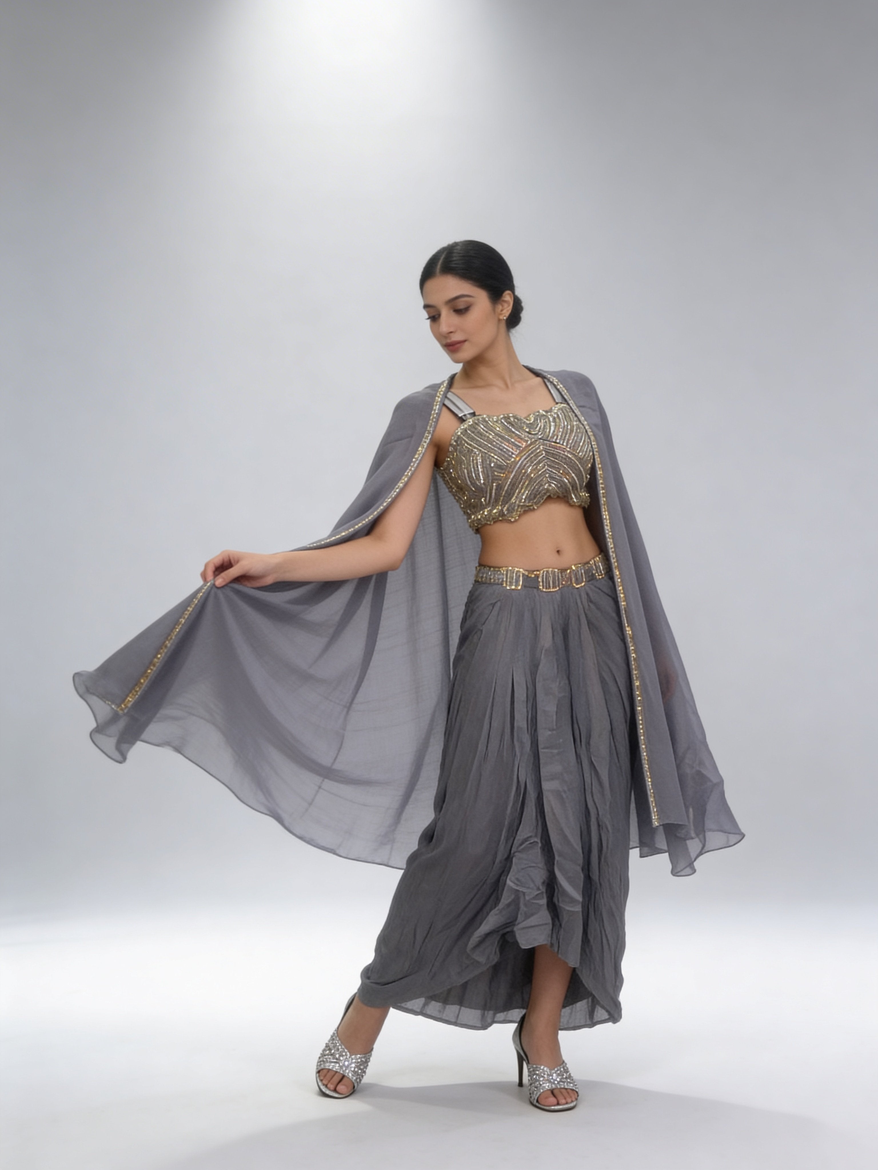 Shadow Grey Embellished Georgette Silk Cape Set
