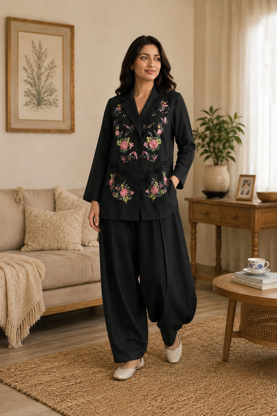 Black Noir Embroidered Linen Co-Ord Set