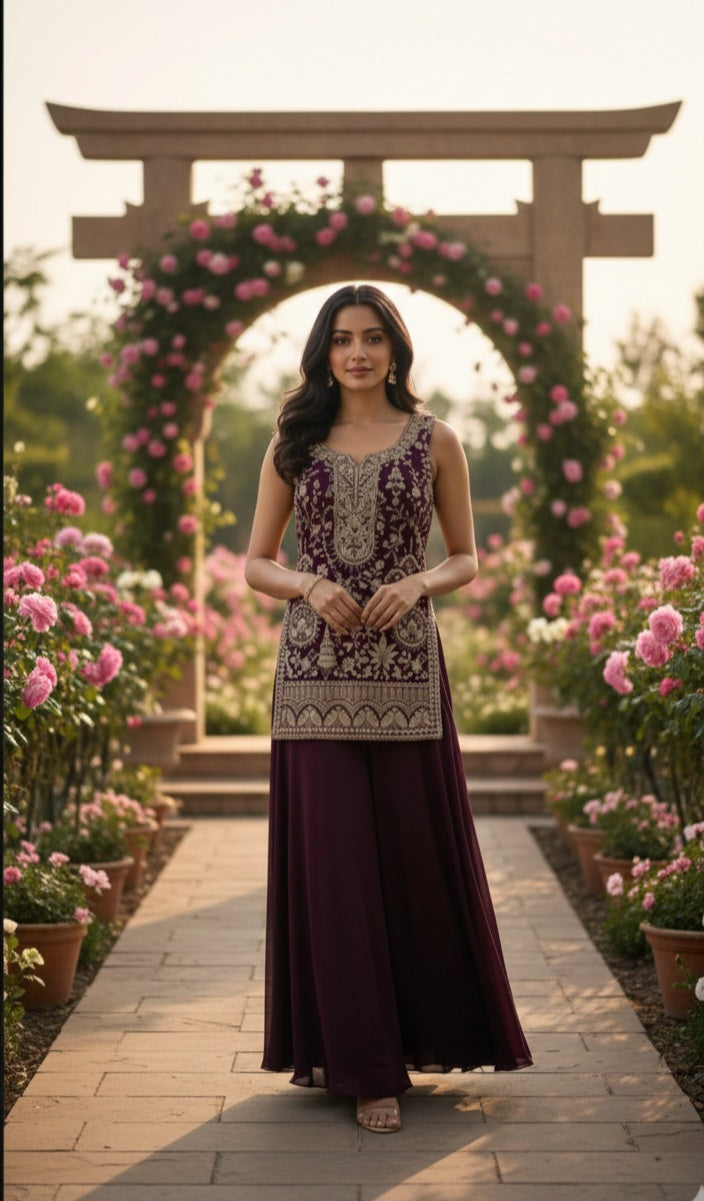 Deep Wine Embroidered Georgette Silk Palazzo Set