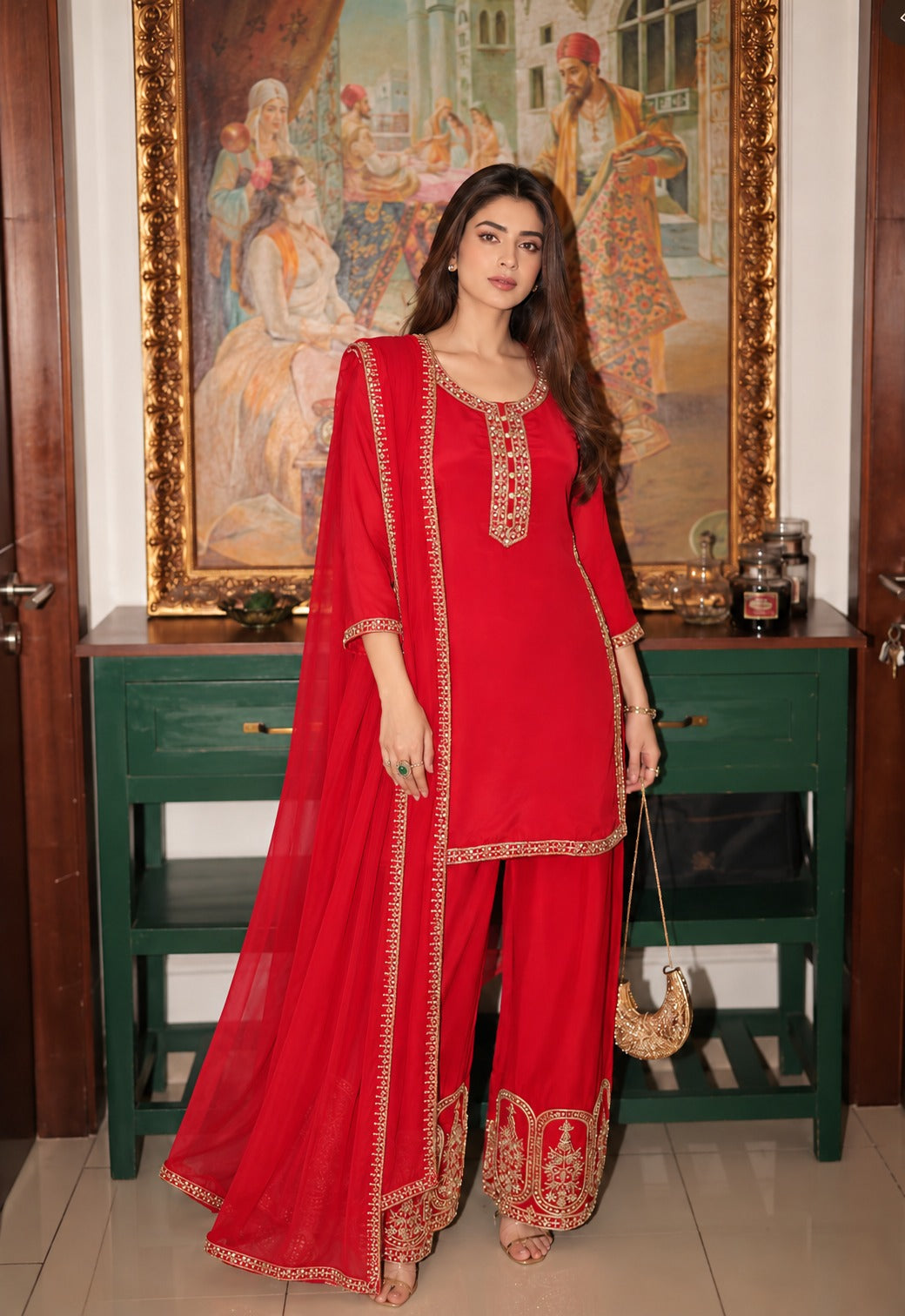 Red Scarlet Embellished Crepe Silk Palazzo Set