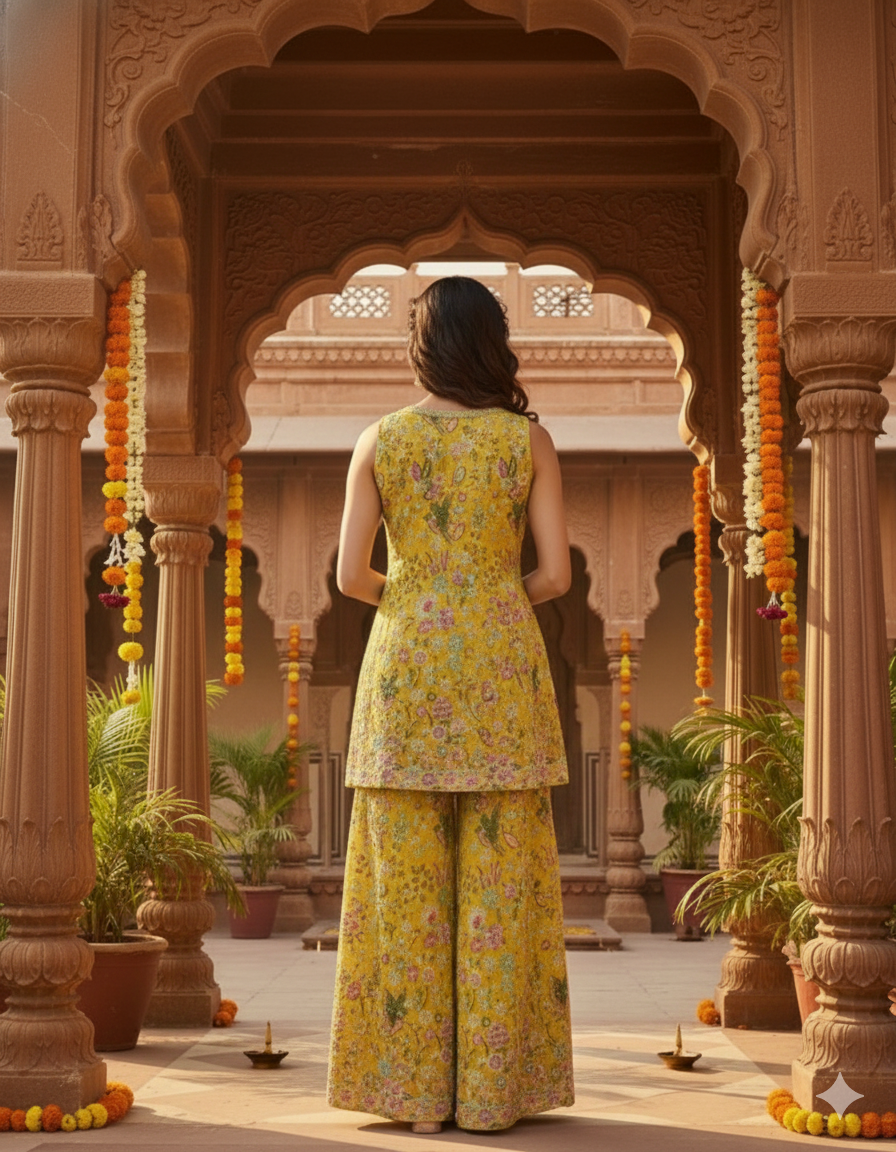 Sunshine Yellow Embroidered Tissue Silk Palazzo Set
