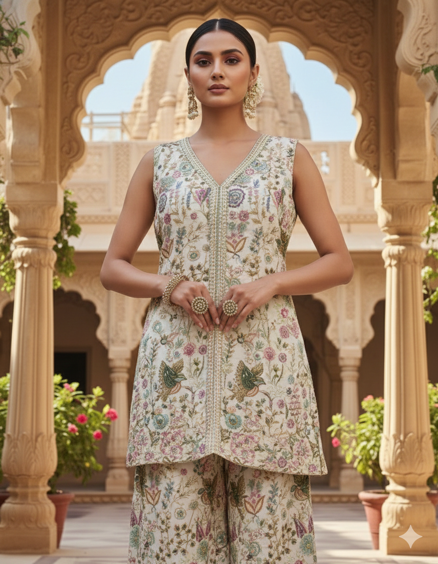 Ivory Embroidered Tissue Silk Palazzo Set