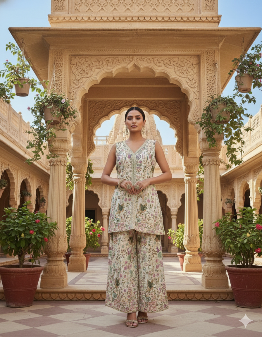 Ivory Embroidered Tissue Silk Palazzo Set