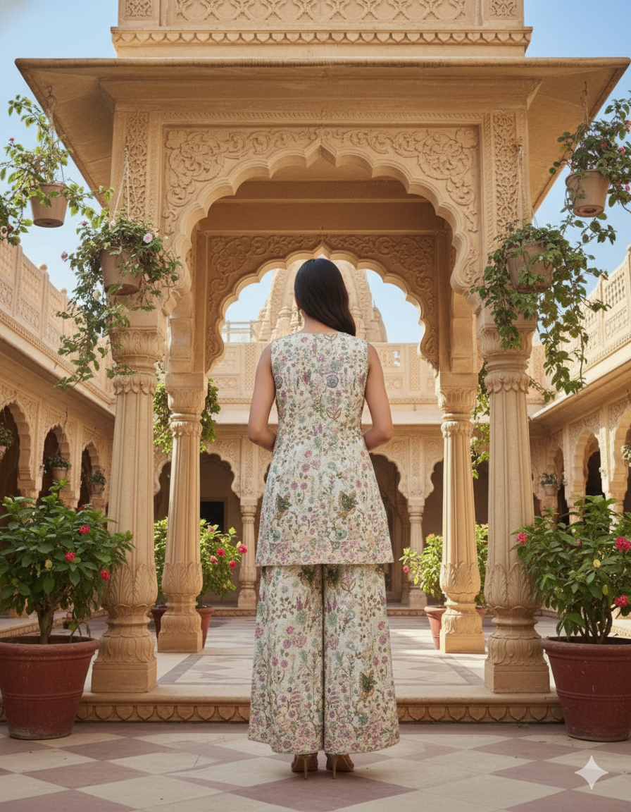 Ivory Embroidered Tissue Silk Palazzo Set