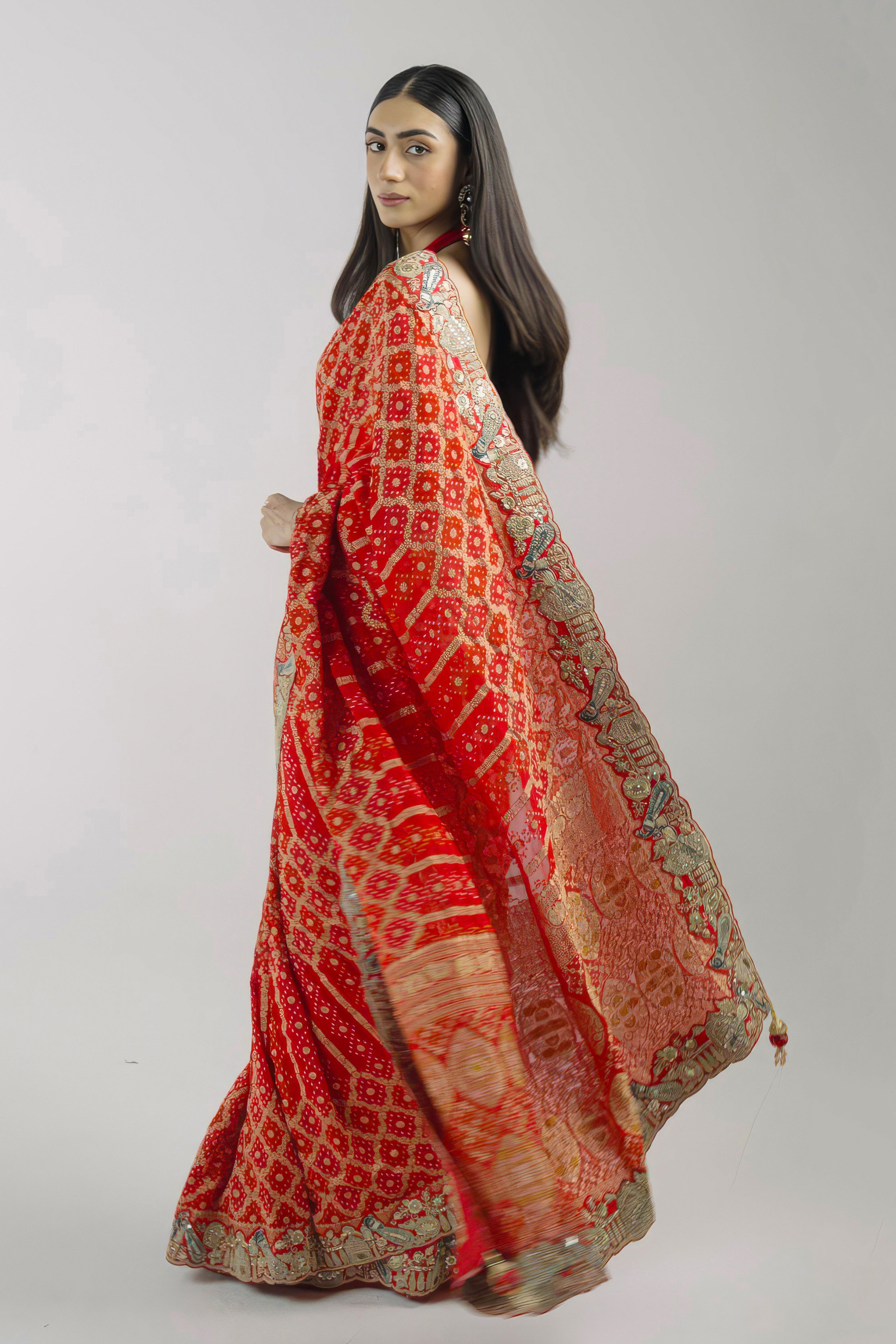 Bright Red Embellished Banarasi Silk Saree