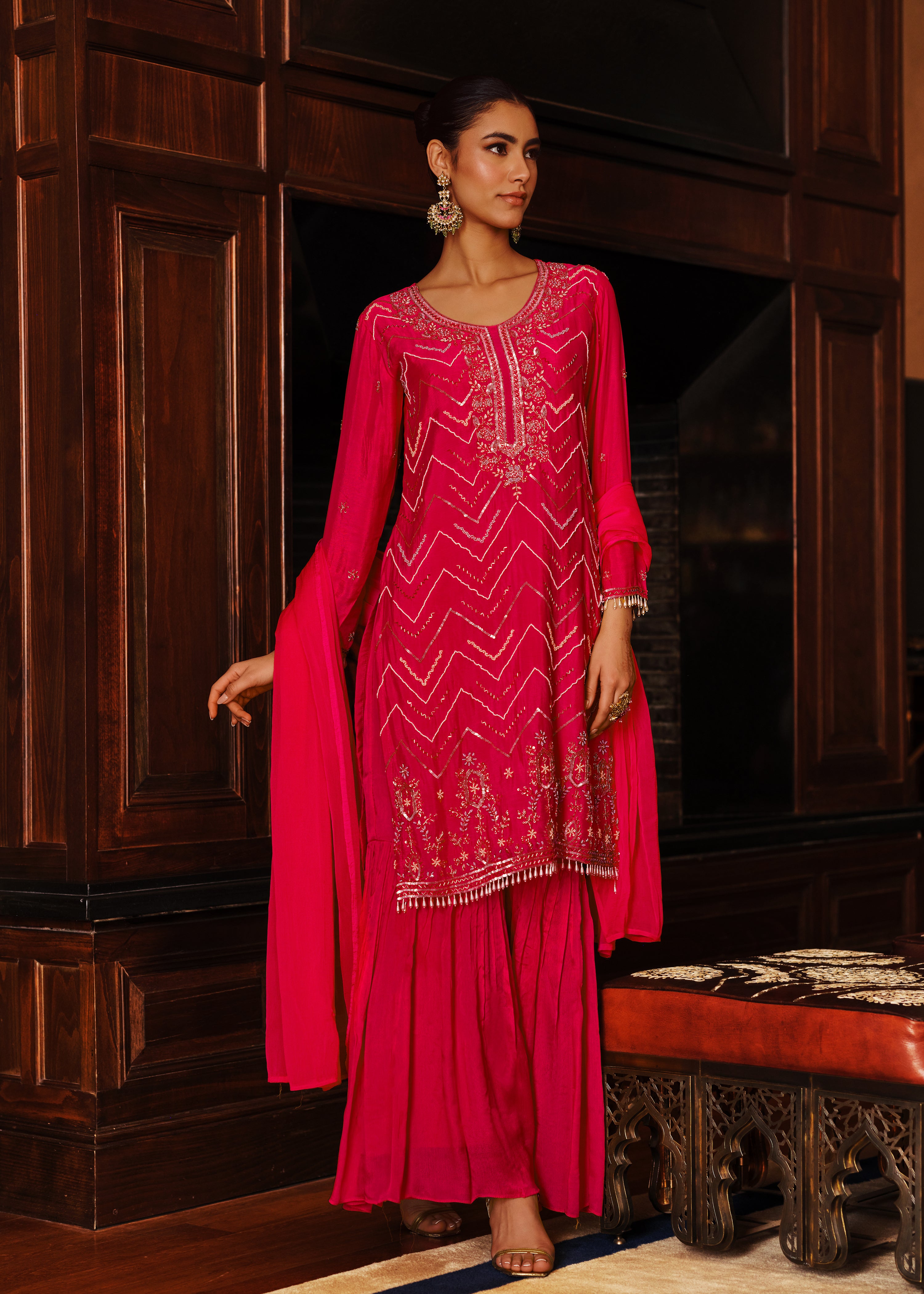 Deep Pink Embellished Premium Chinon Silk Sharara Set
