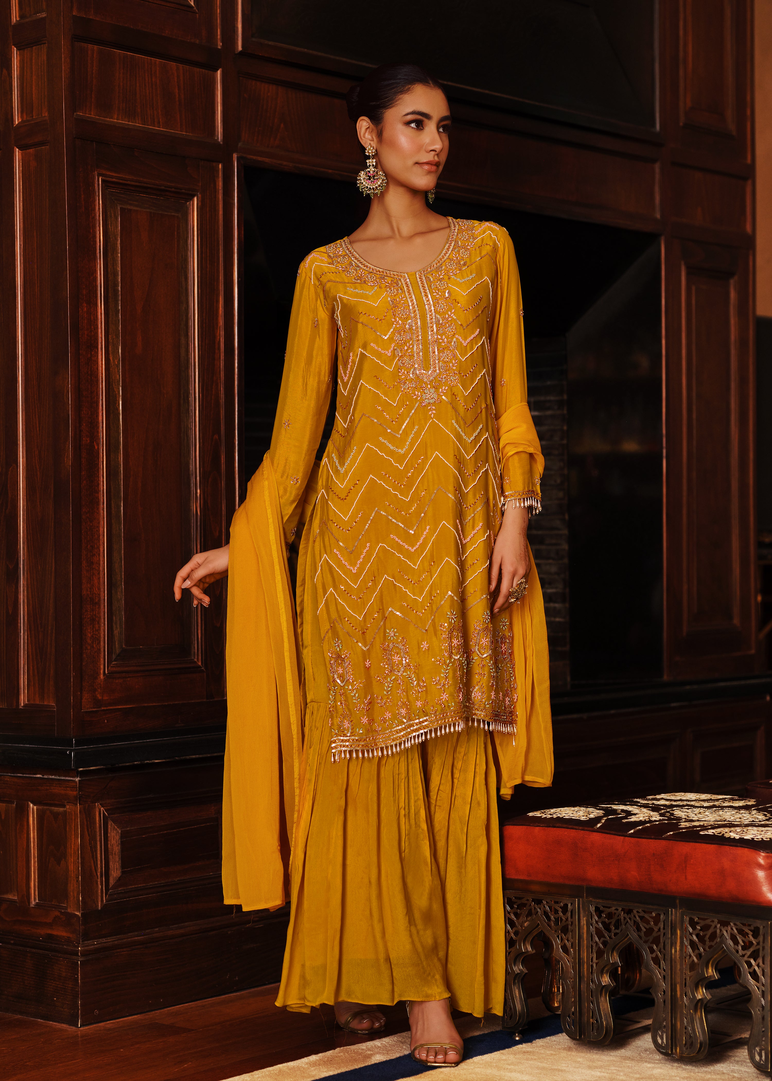 Golden Yellow Embellished Chinon Silk Sharara Set