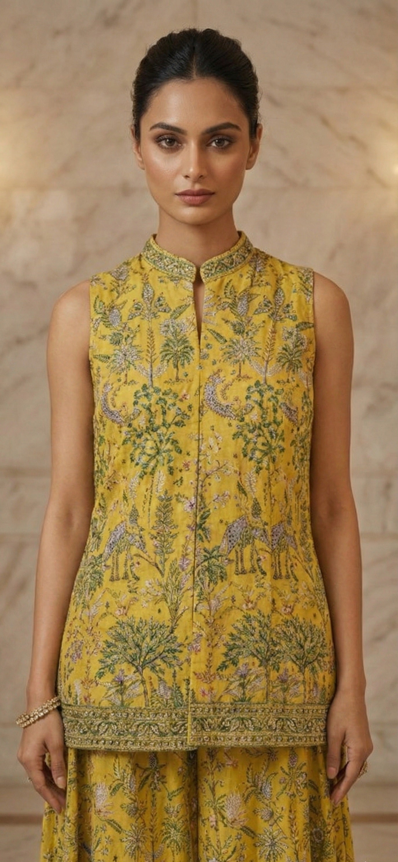 Bright Yellow Embroidered Tissue Silk Palazzo Set