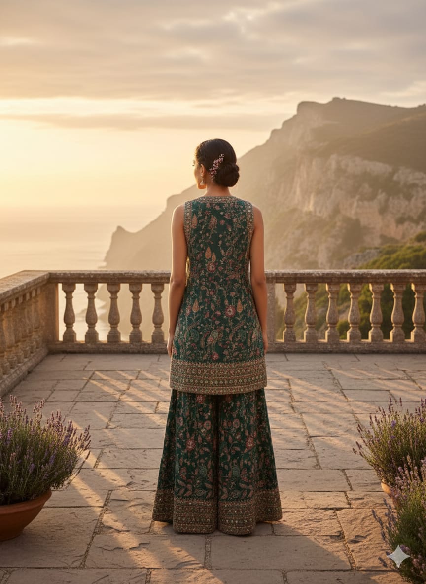 Teal Embroidered Premium Silk Palazzo Set