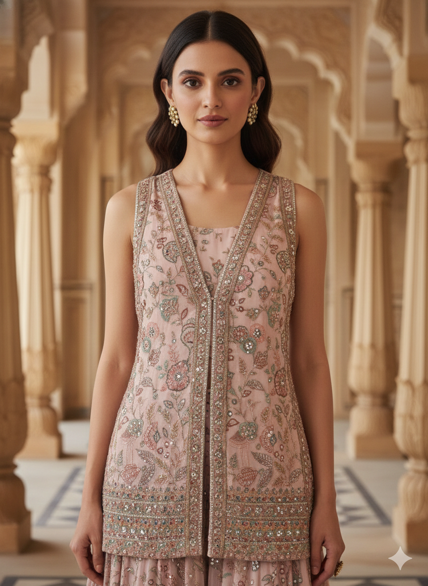 Light Pink Embroidered Premium Silk Palazzo Set
