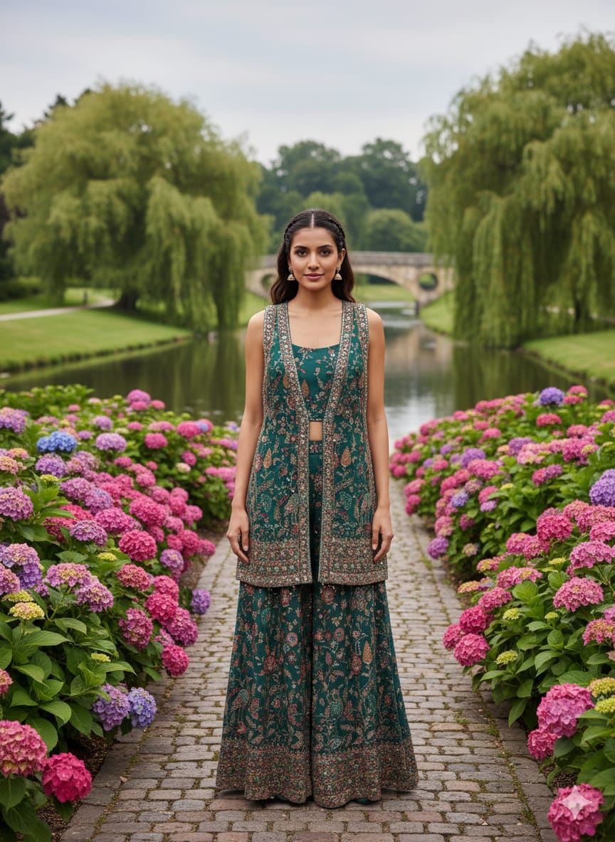 Teal Embroidered Premium Silk Palazzo Set