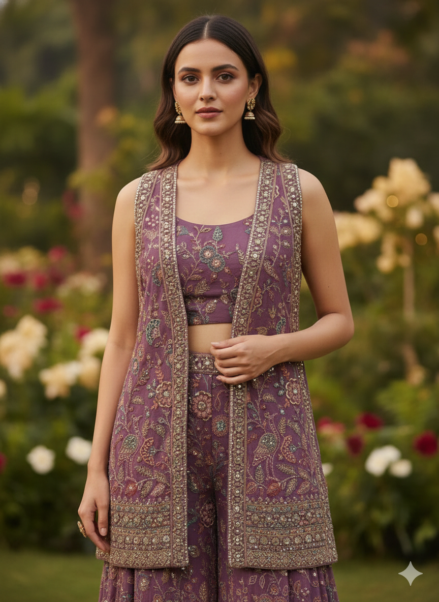 Purple Embroidered Premium Silk Palazzo Set