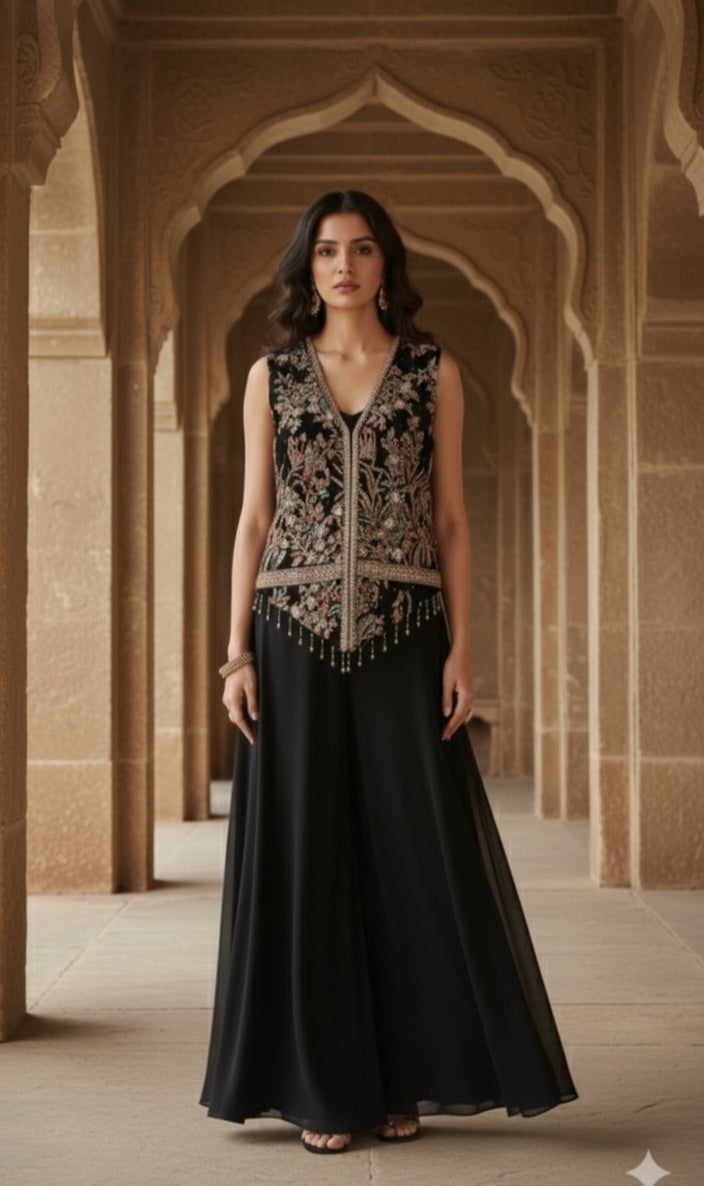 Jet Black Embroidered Georgette Silk Palazzo Set