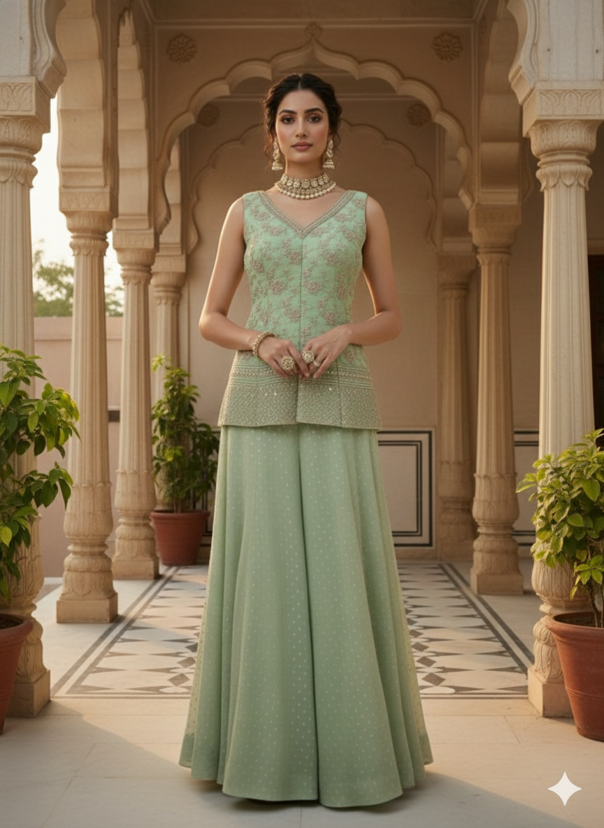 Pistachio Green Embroidered Georgette Silk Palazzo Set
