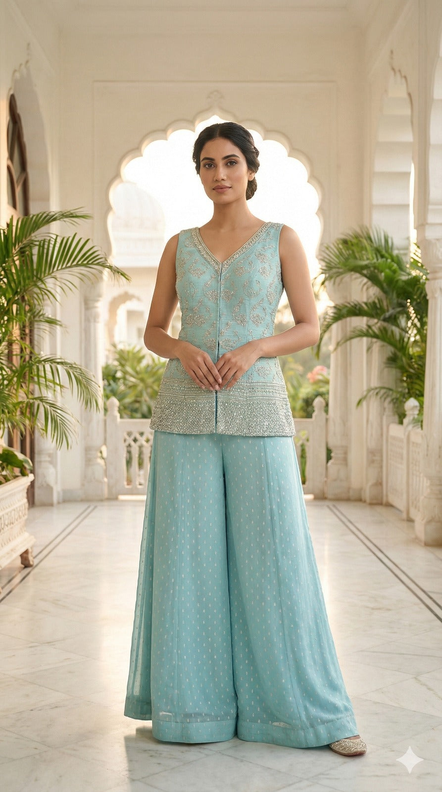 Light Blue Embroidered Georgette Silk Palazzo Set