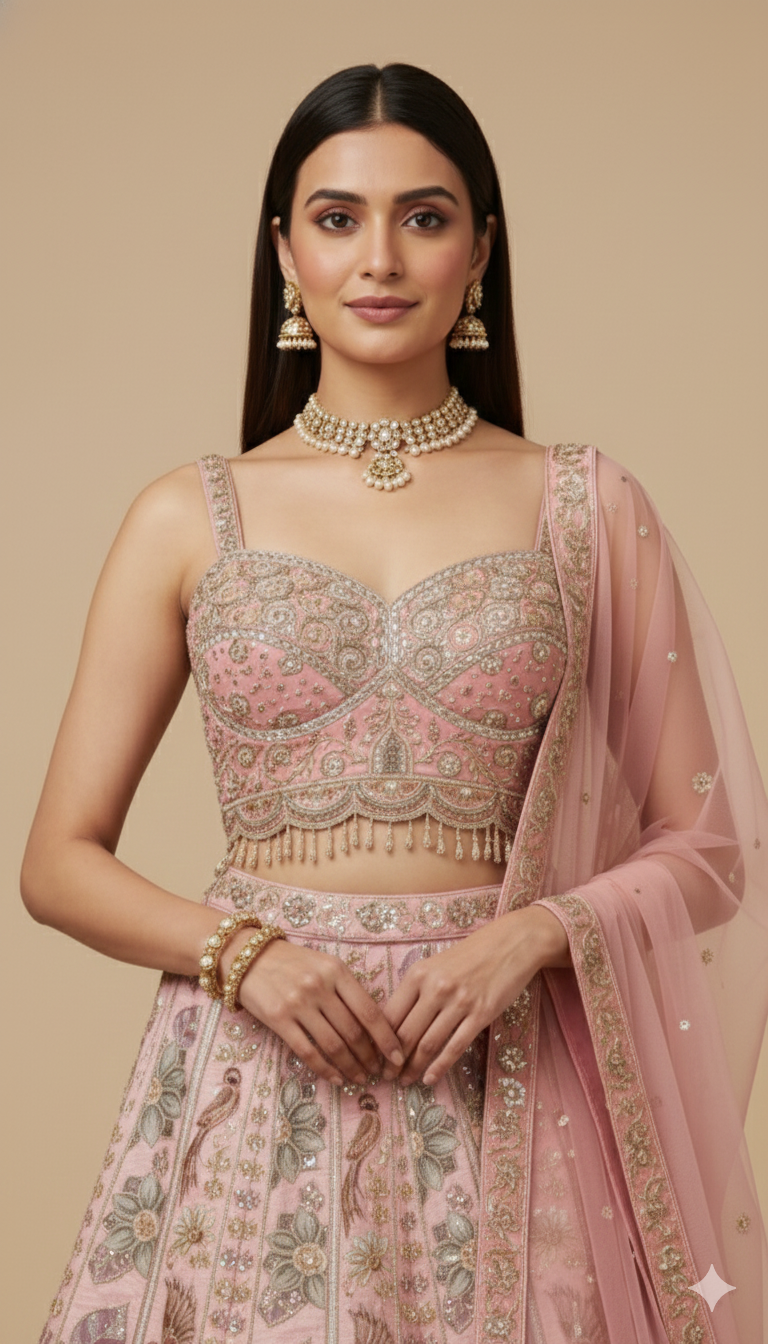 Blush Pink Embroidered Premium Silk Lehenga Set