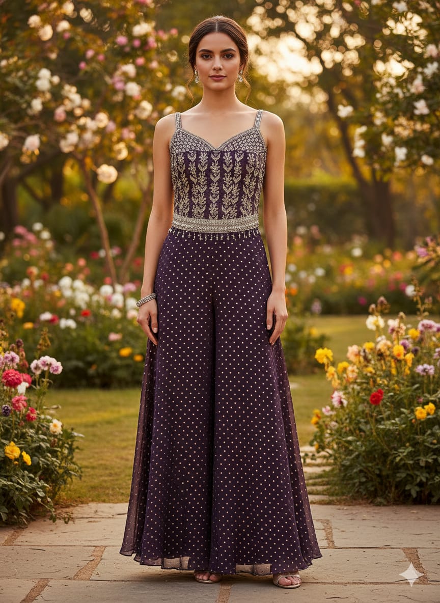 Deep Purple Embroidered Georgette Silk Palazzo Set