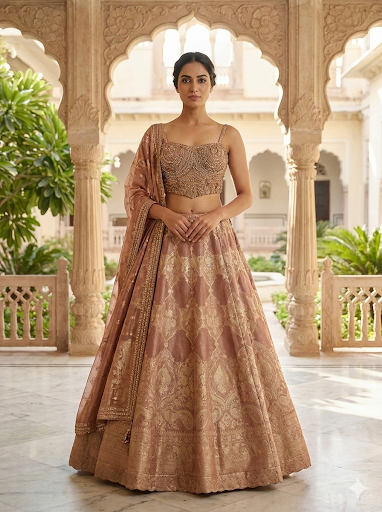 Dusty Rose Embellished Brocade Silk Lehenga Set