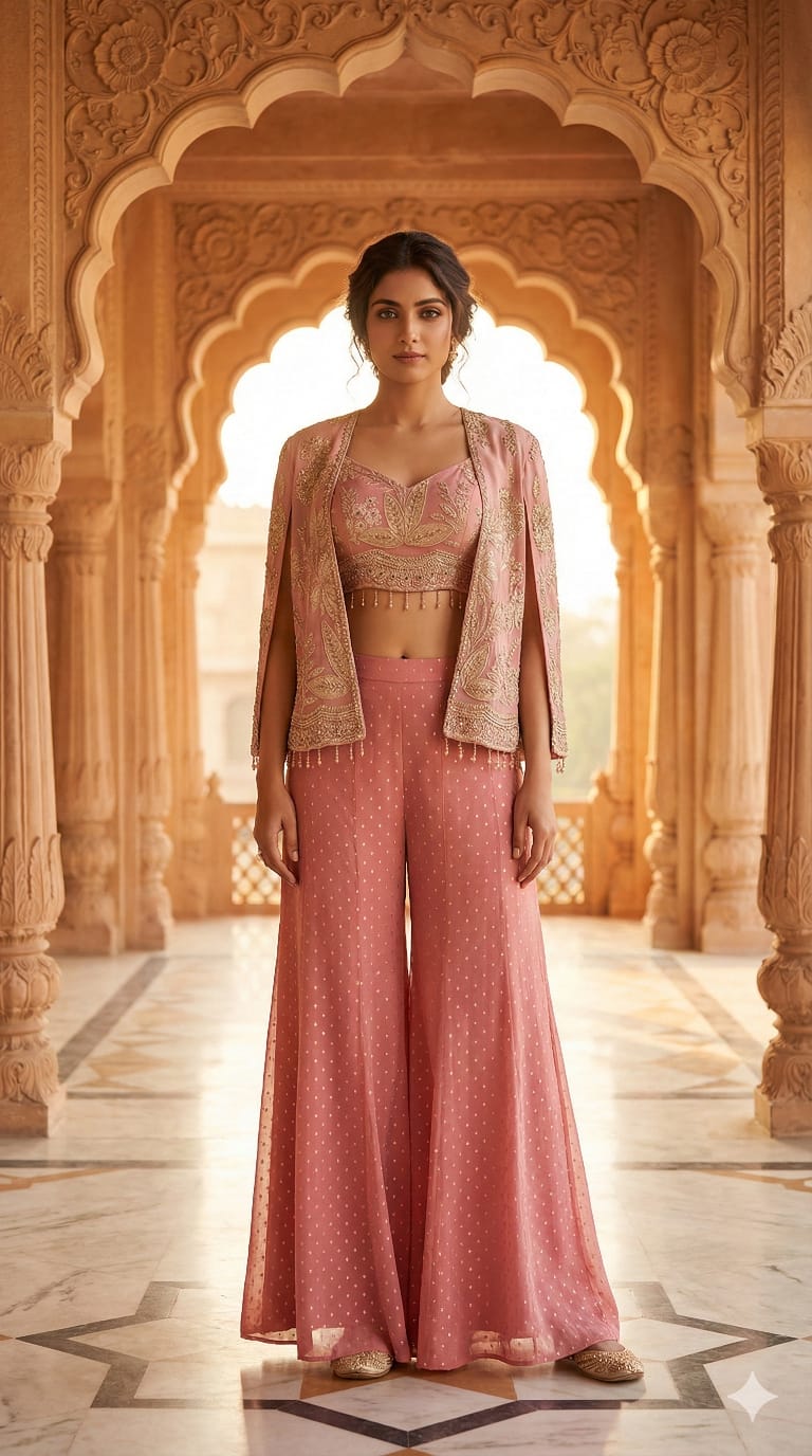 Light Pink Embellished Georgette Silk Cape Set
