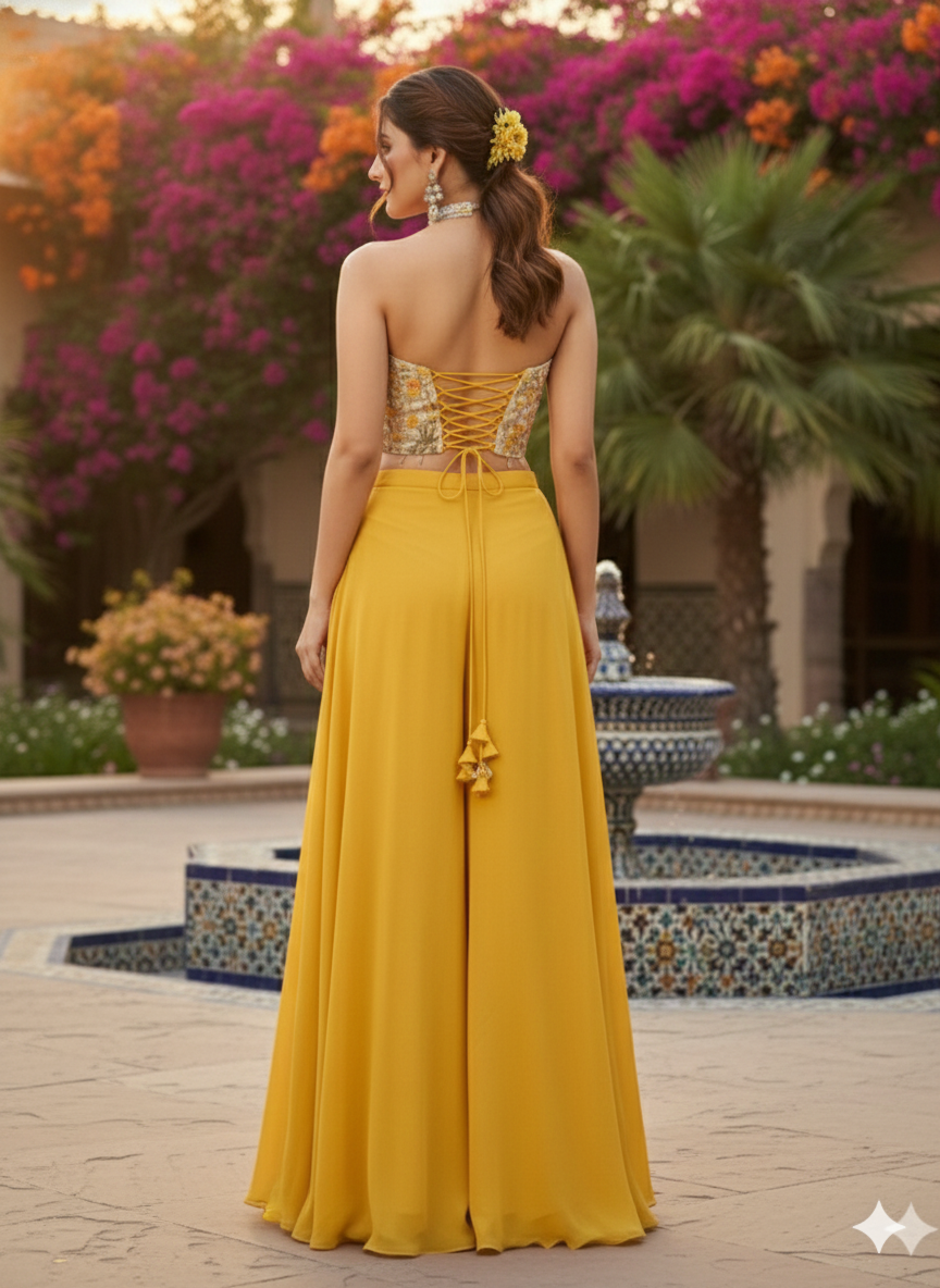 Sunflower Yellow Embellished Georgette Silk Palazzo Set