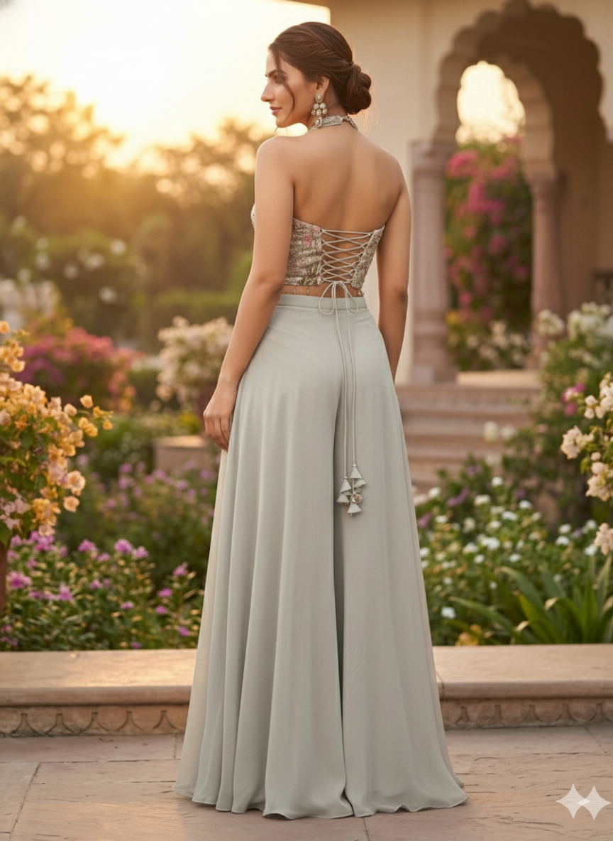 Silver Grey Embellished Georgette Silk Palazzo Set