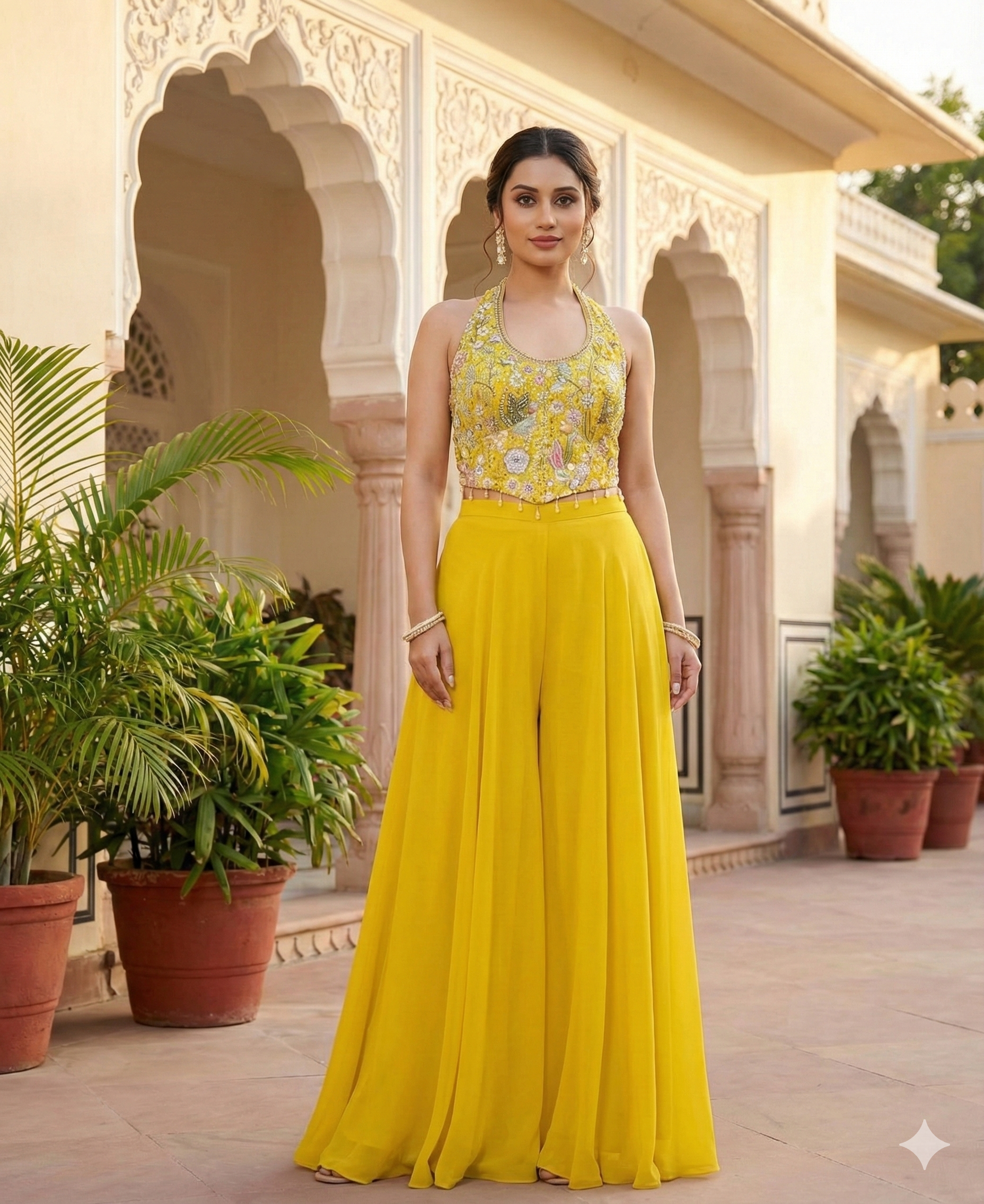 Sunflower Yellow Embellished Georgette Silk Palazzo Set