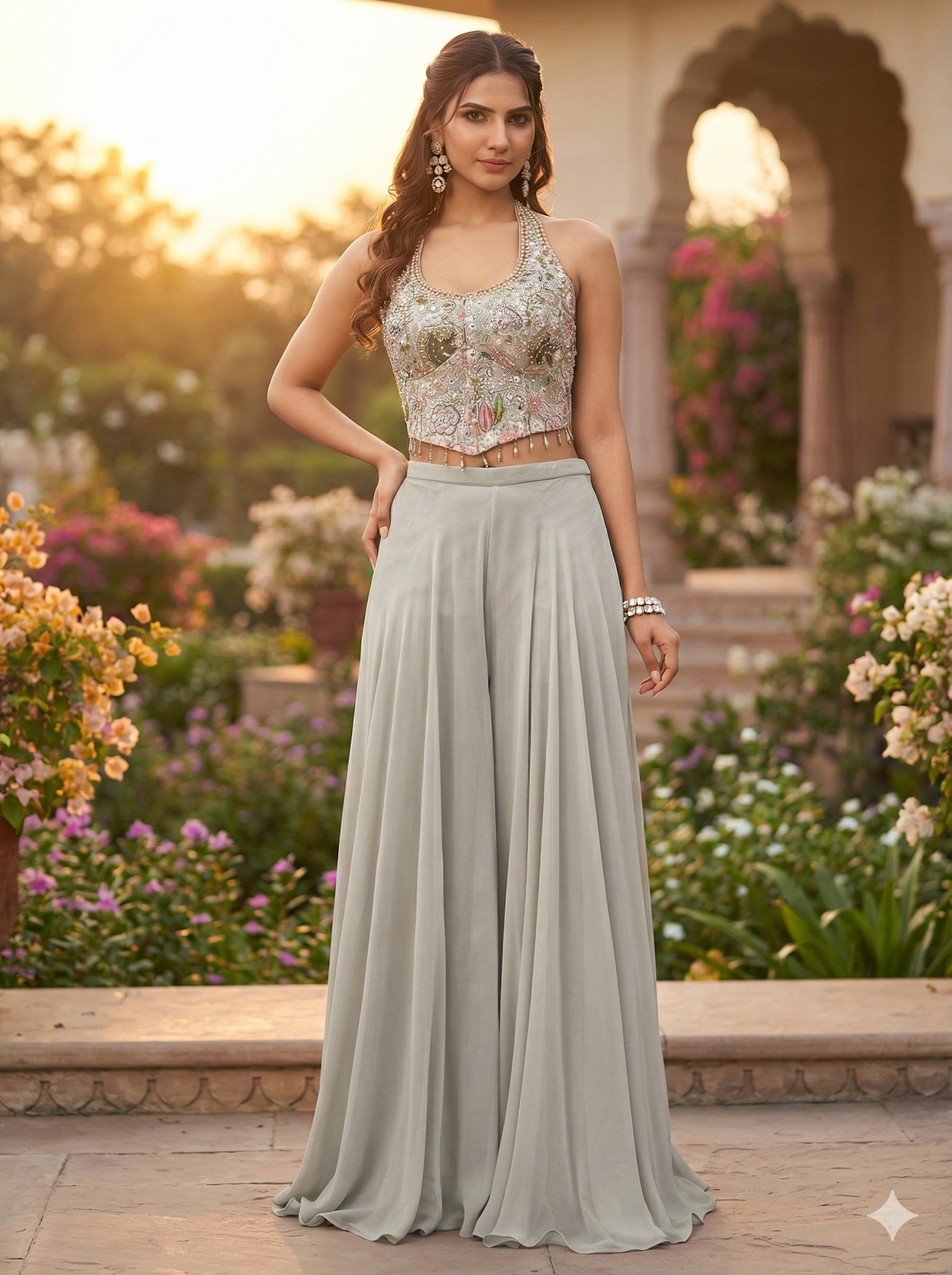 Silver Grey Embellished Georgette Silk Palazzo Set
