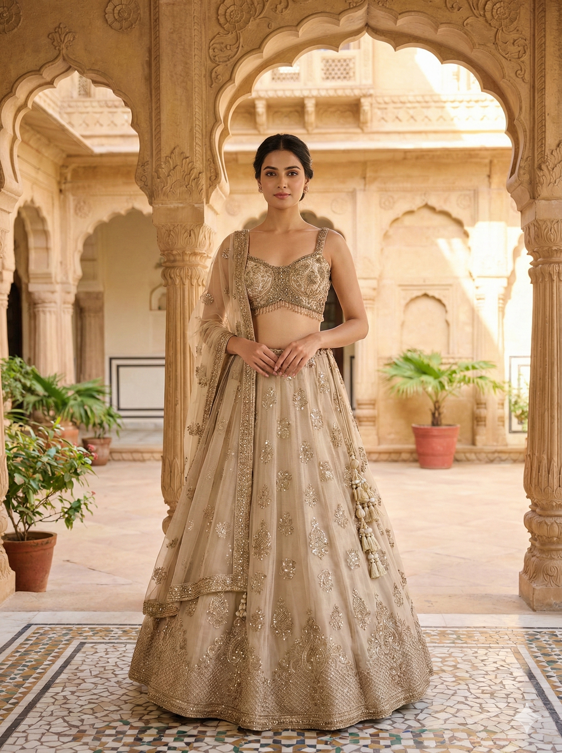 Champagne Gold Embellished Georgette Silk Lehenga Set