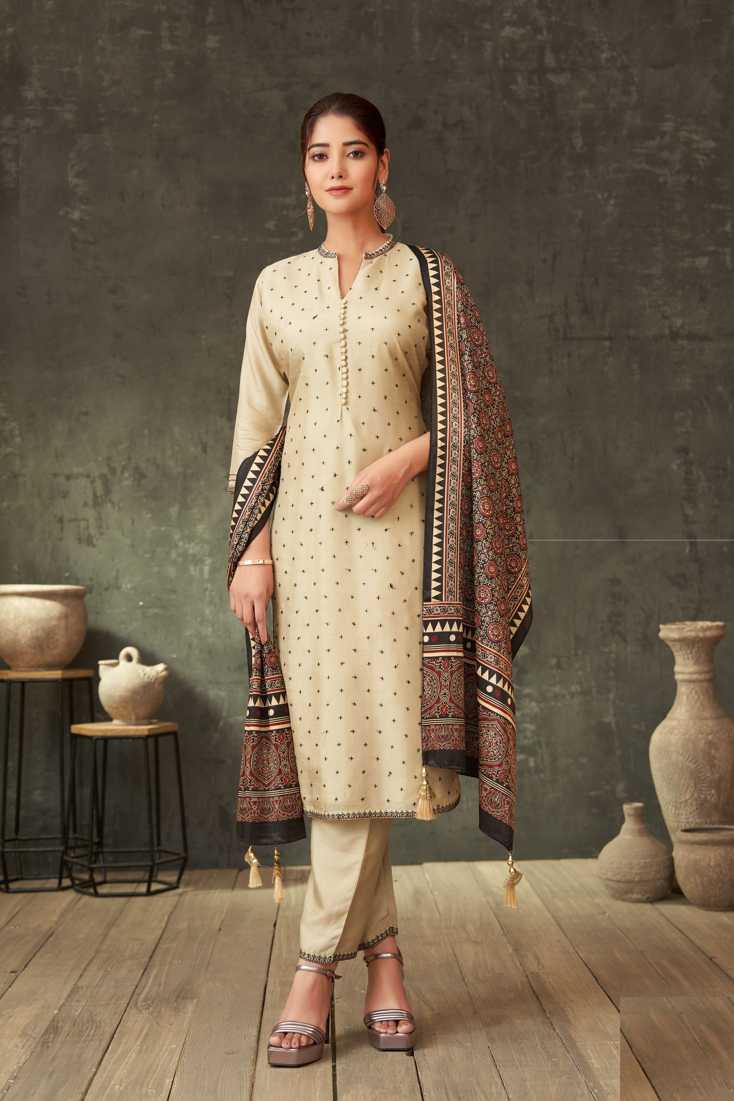 Beige Traditional Printed Raw Silk Pants Set