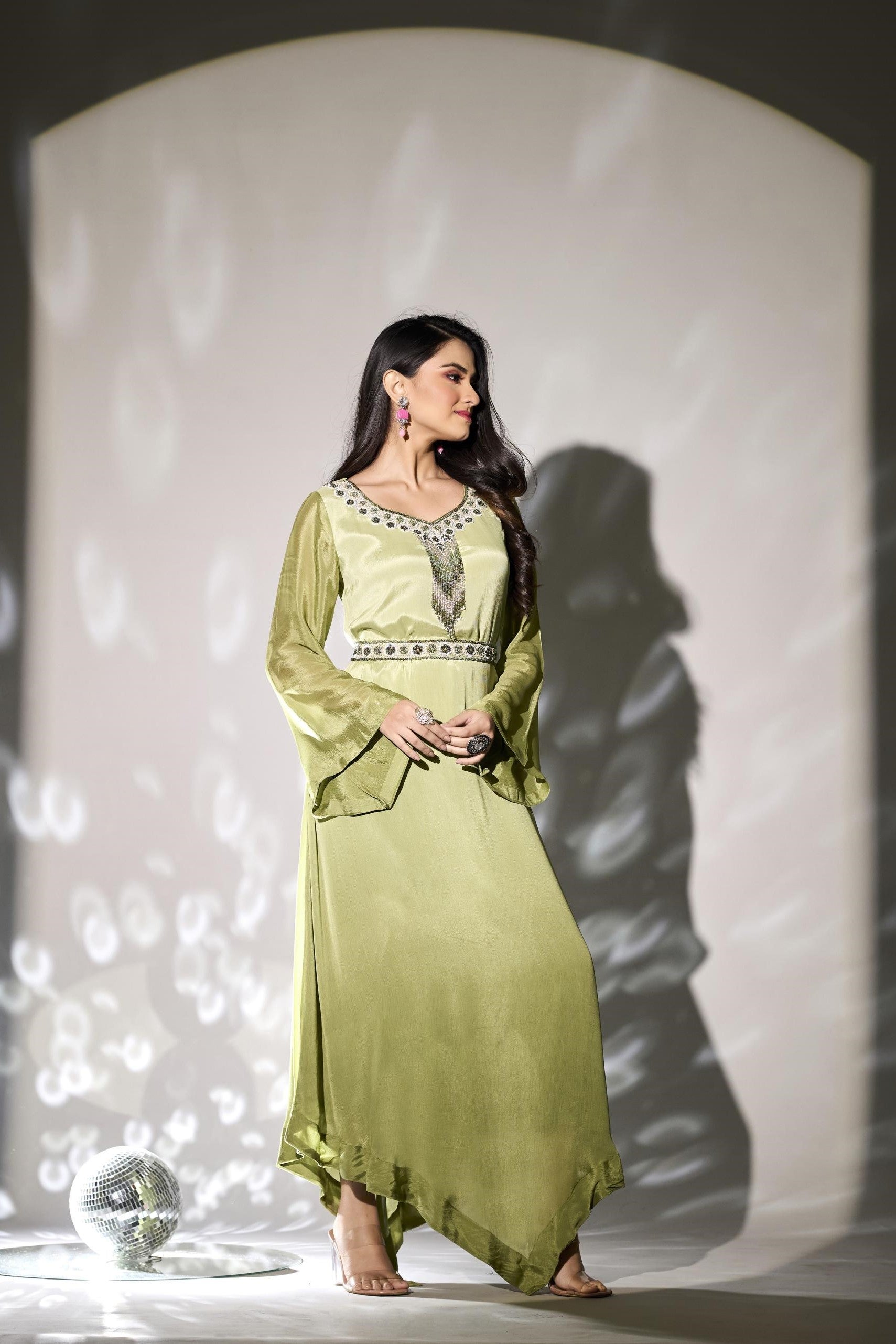 Pastel Green Embellished Premium Chinon Silk Gown