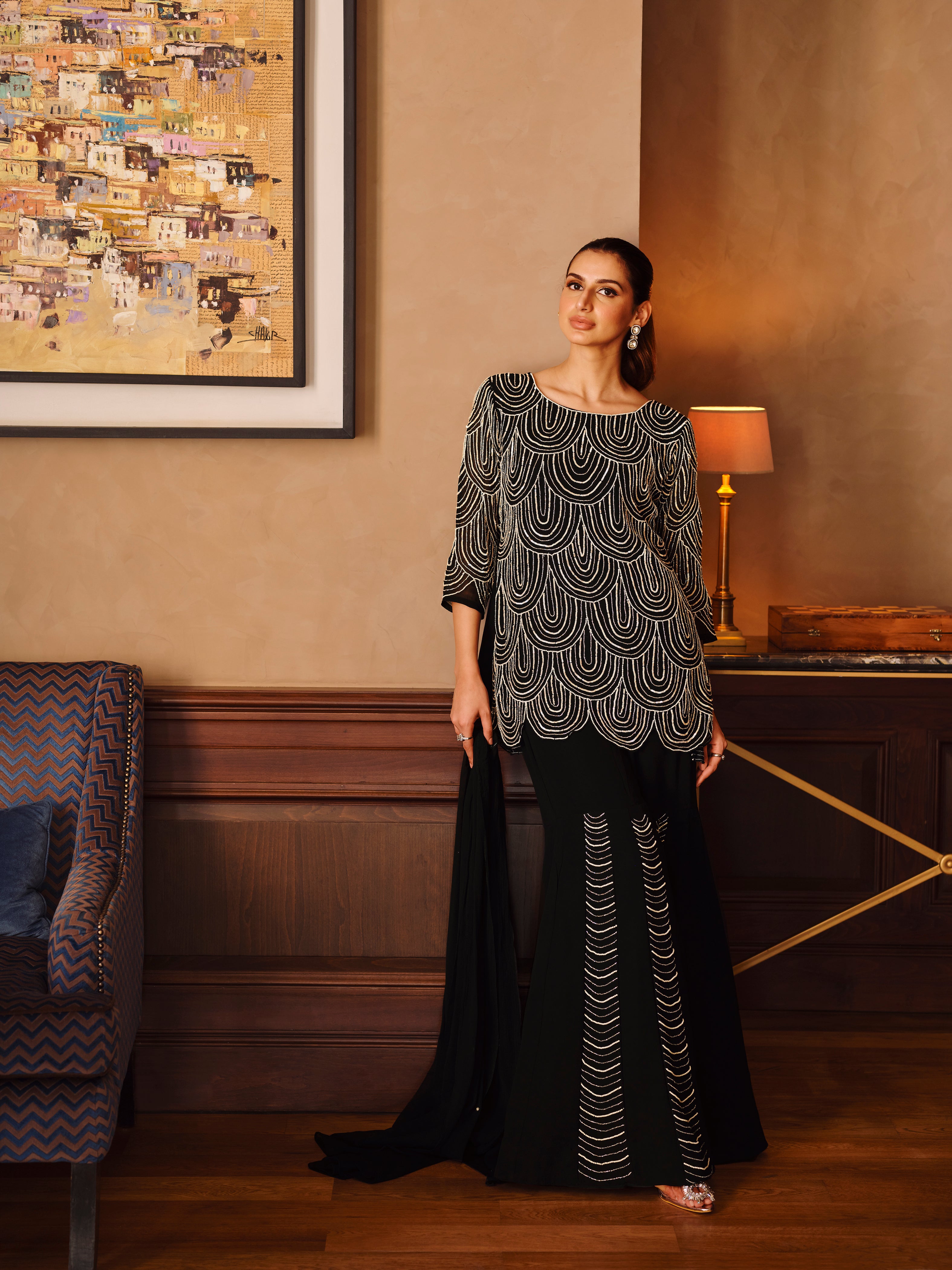 Black Embellished Premium Georgette Silk Sharara Set