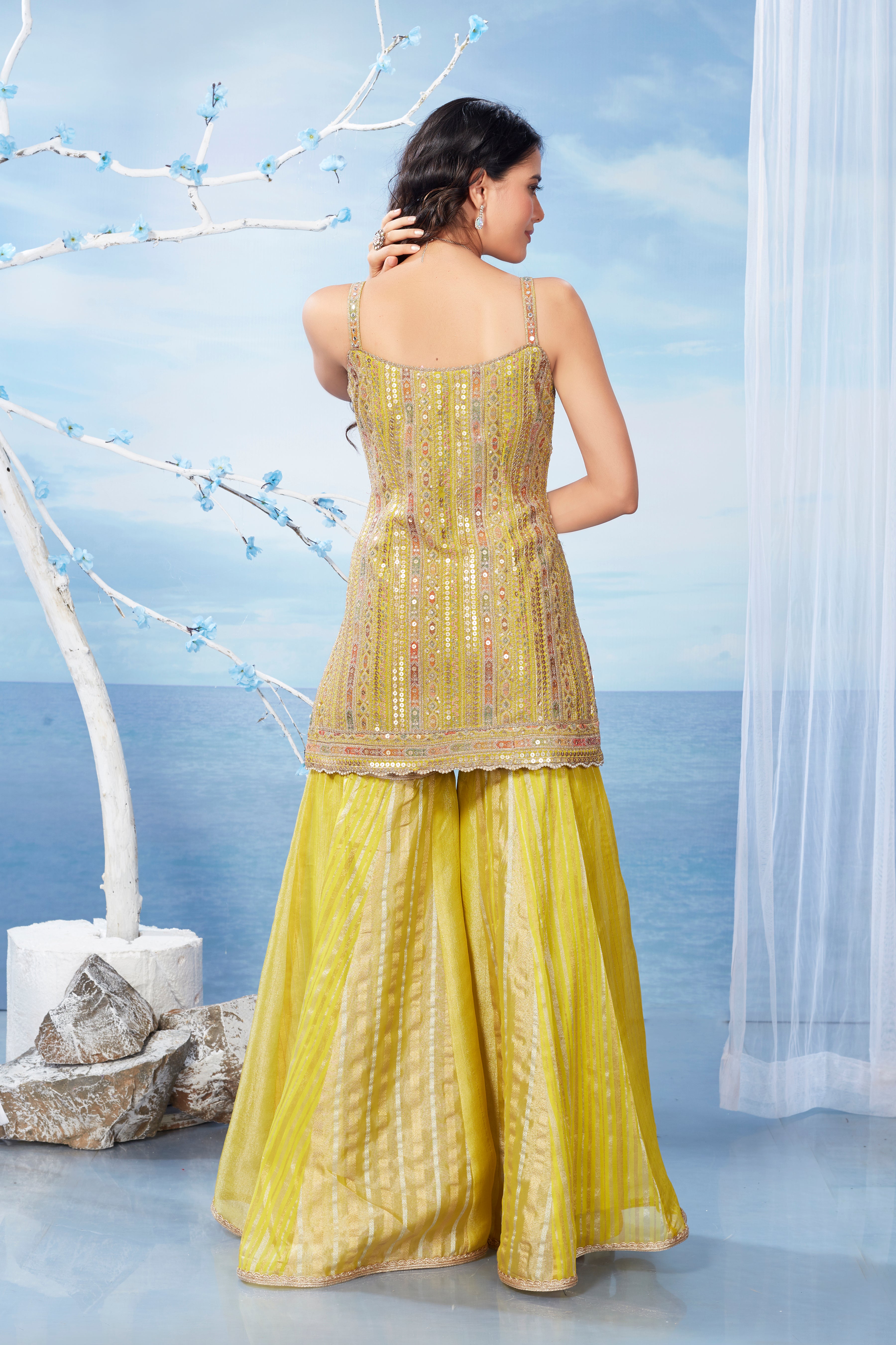 Golden Yellow Embellished Premium Silk Tunic Palazzo Set