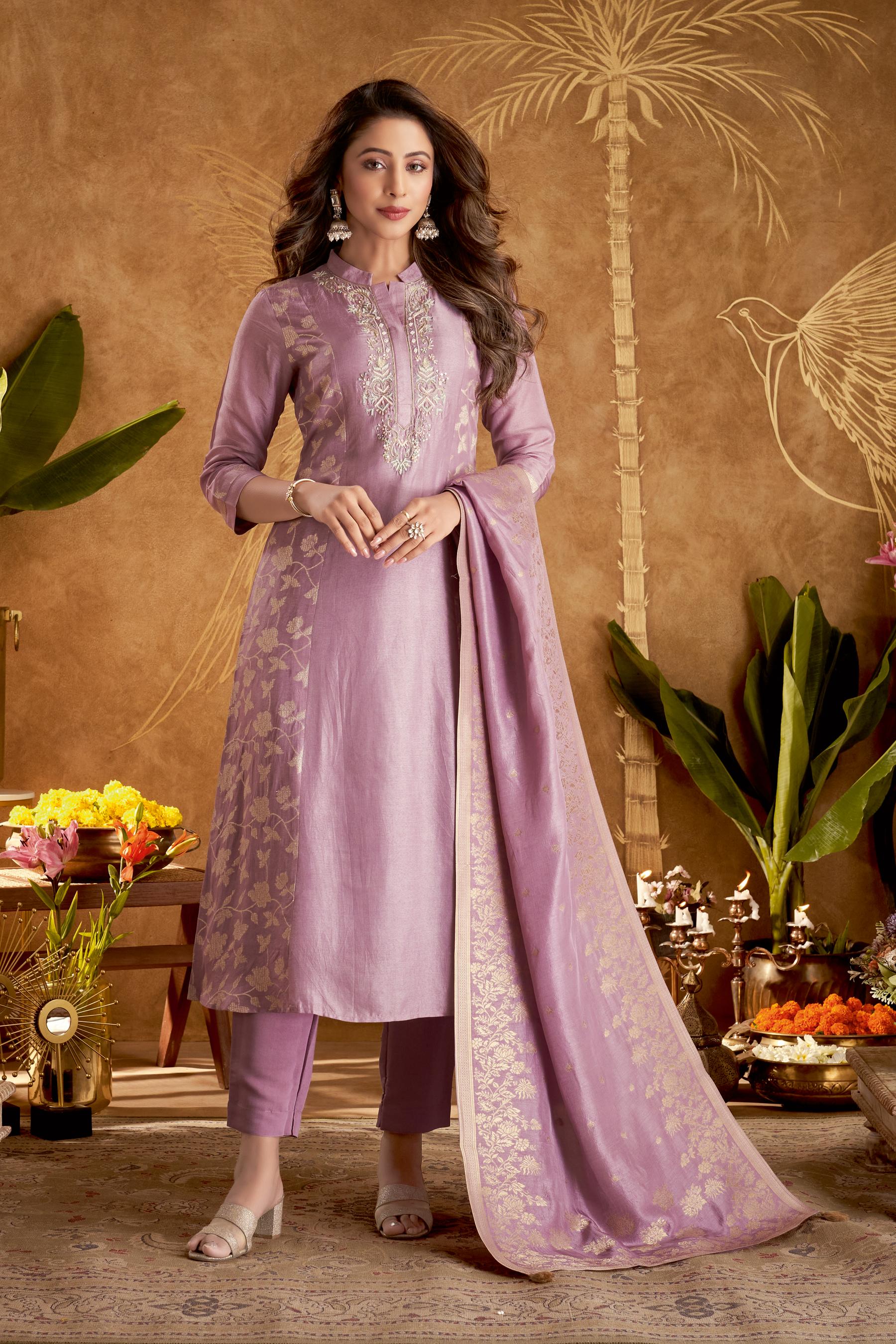 Mauve Embellished Chanderi Brocade Silk Pants Set