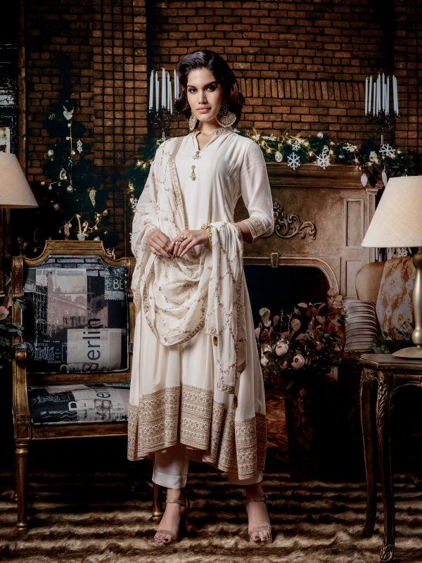 Timeless Ivory Embellished Premium Silk Kurta Pant Set