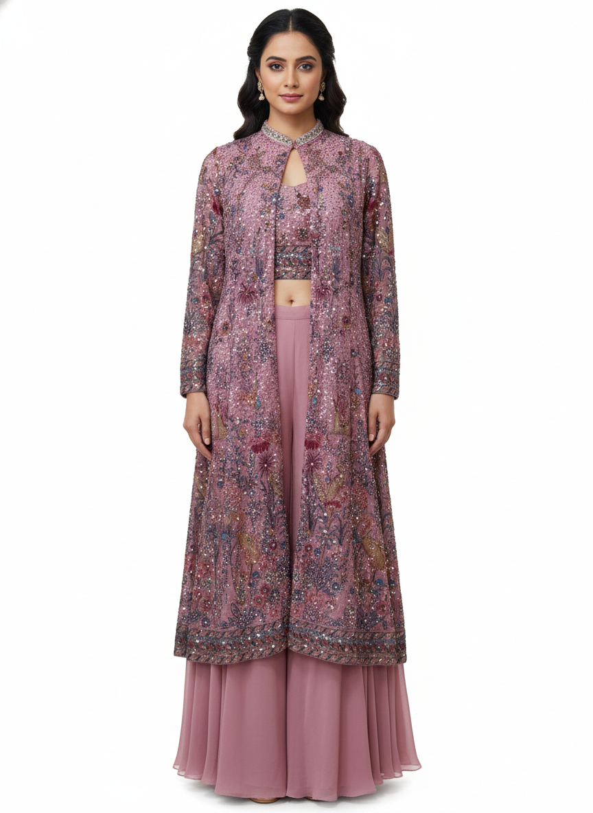 Mauve Floral Embellished Georgette Silk Sharara Set