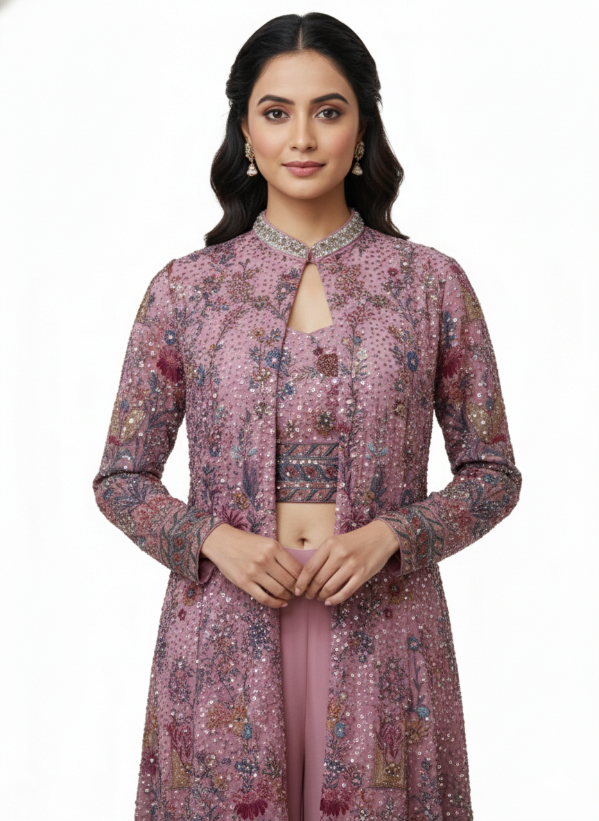 Mauve Floral Embellished Georgette Silk Sharara Set