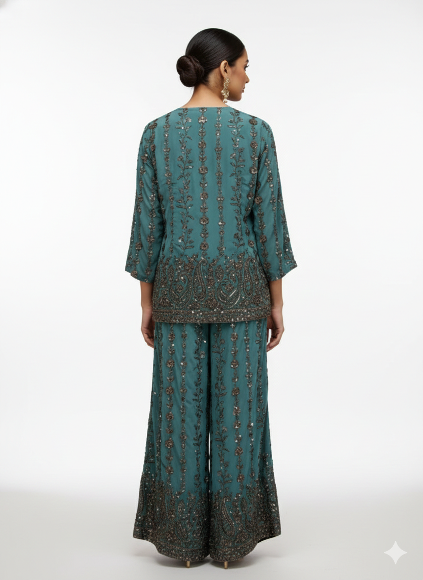 Teal Embellished Georgette Silk Palazzo set