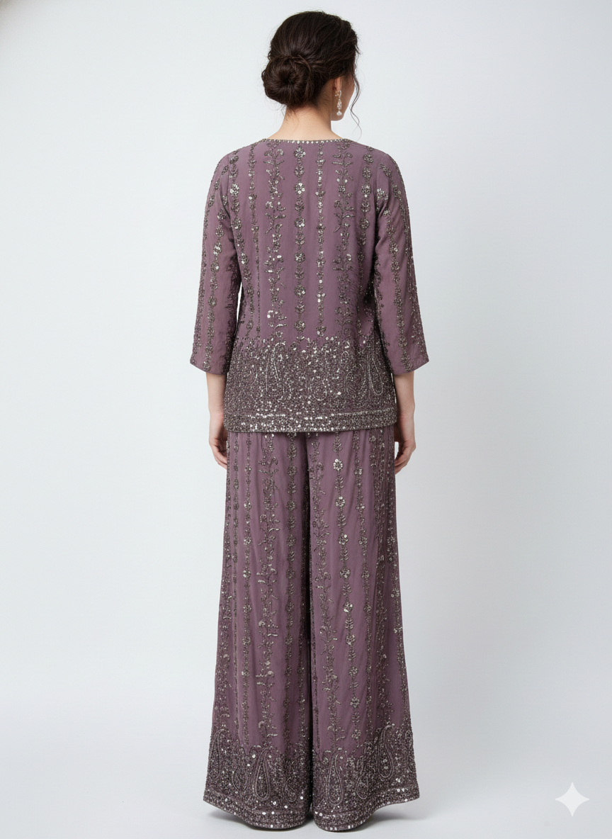 Dusty Mauve Embellished Georgette Silk Palazzo set