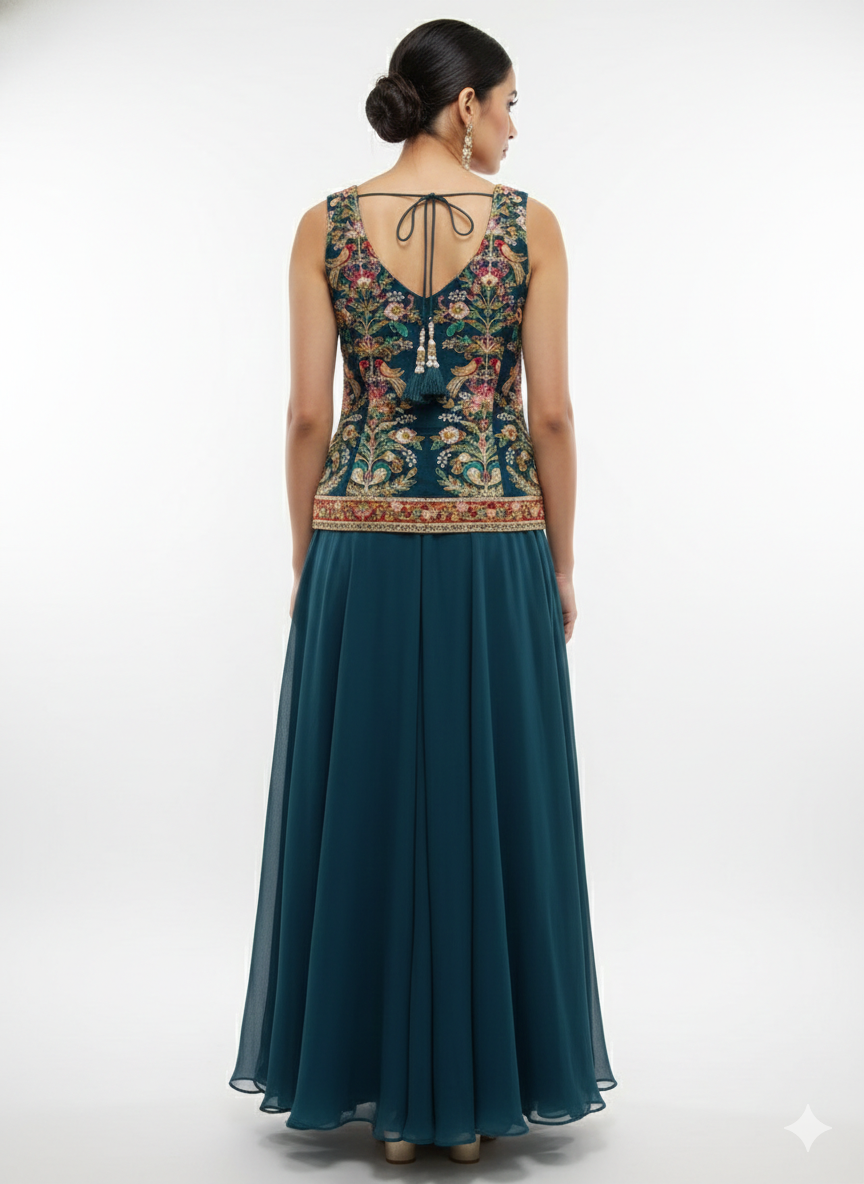 Rich Teal Embellished Georgette Silk Palazzo Set