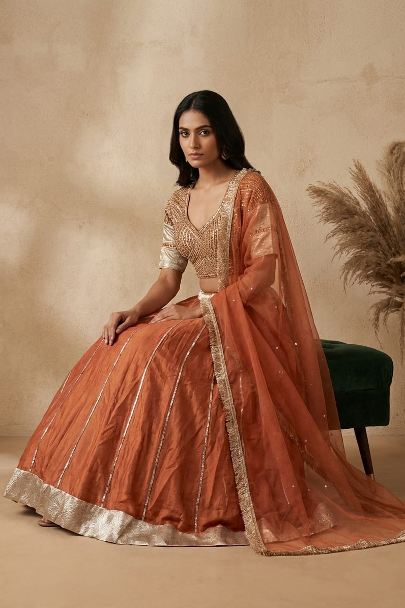 Brick Orange Embellished Premium Silk Lehenga Set