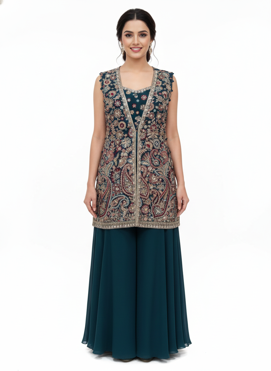 Dark Teal Embellished Georgette Silk Palazzo Set