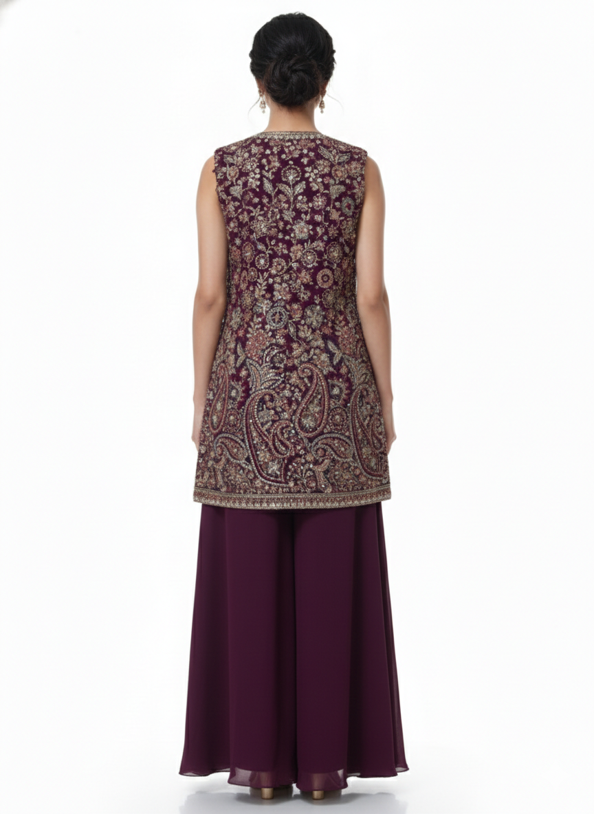 Sangria Floral Embellished Georgette Silk Palazzo Set