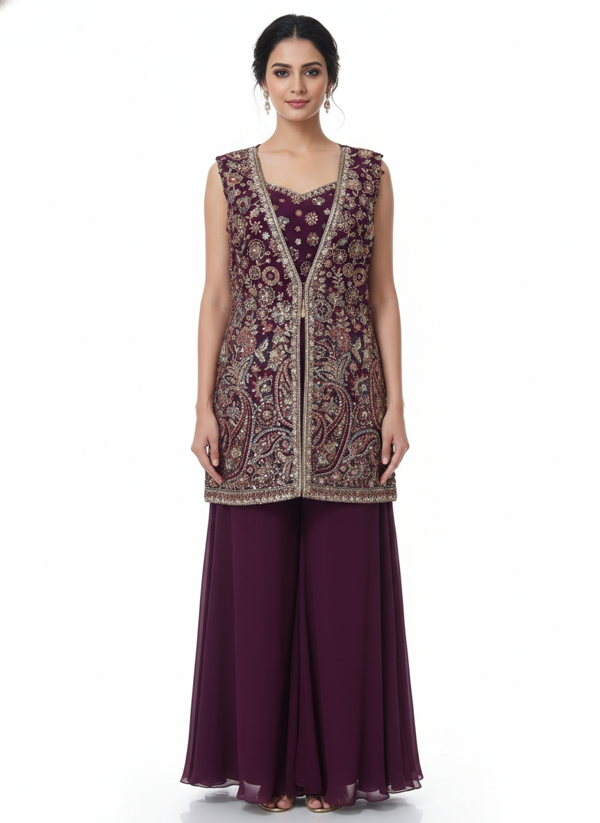 Sangria Floral Embellished Georgette Silk Palazzo Set
