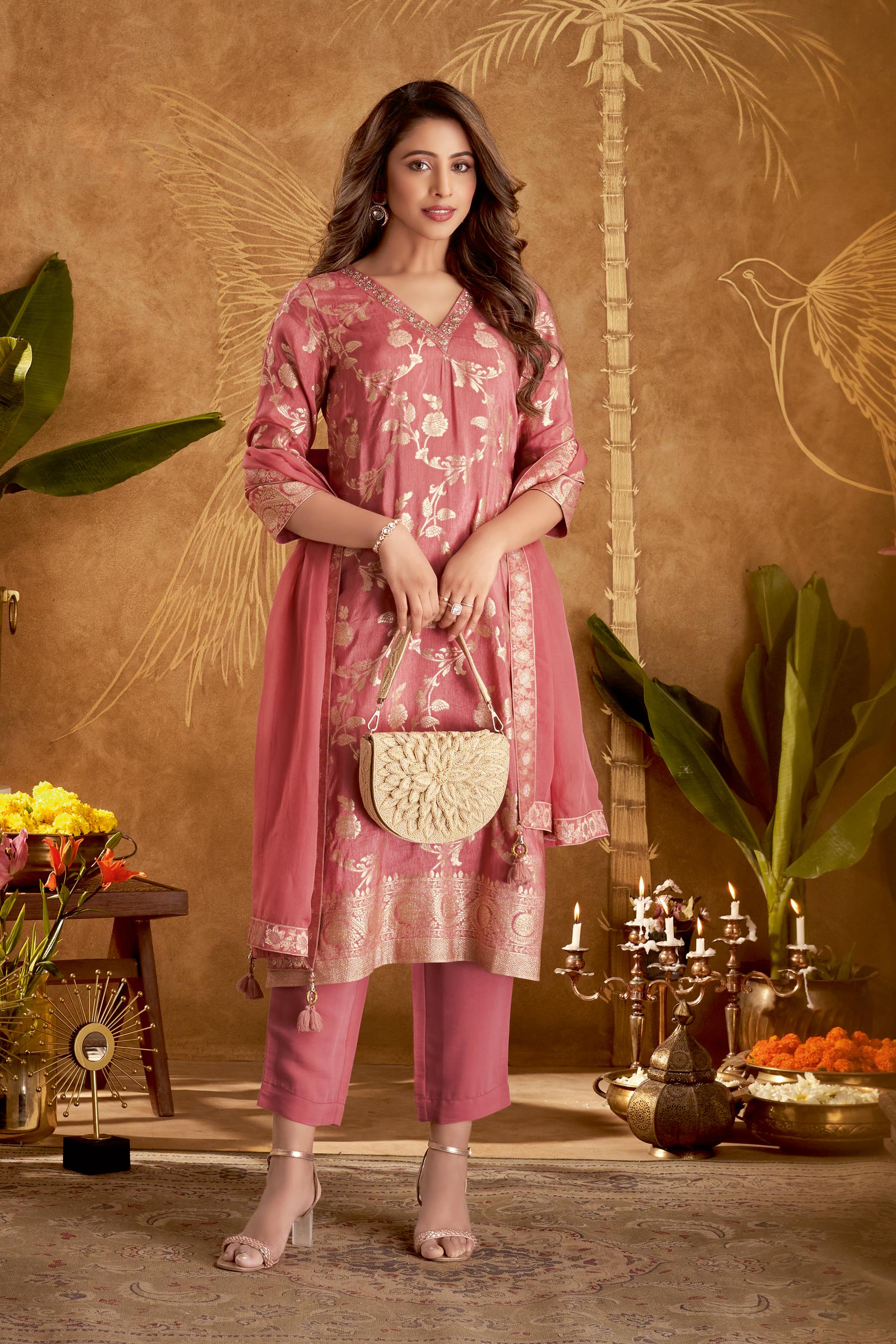 Salmon Pink Embellished Spanish Silk Pants Set