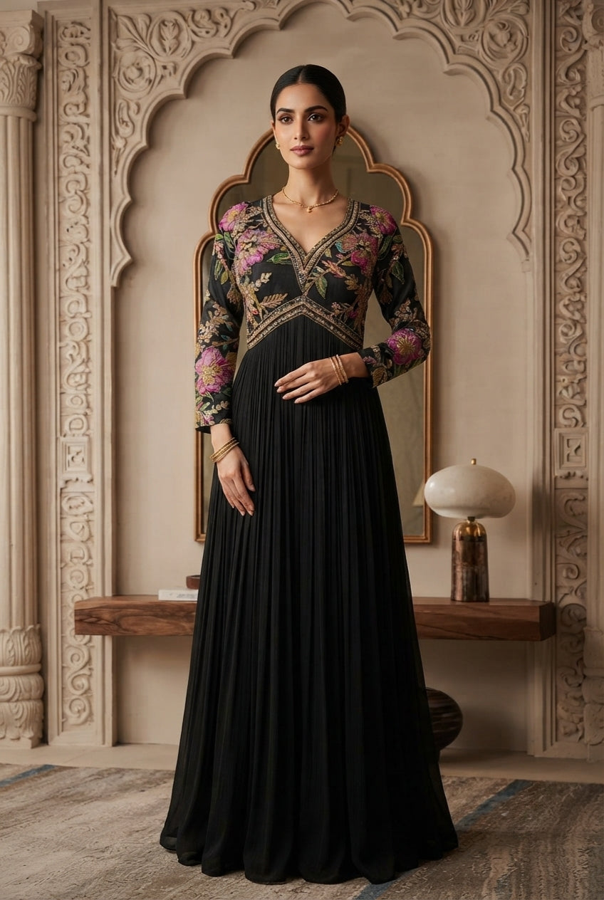 Midnight Black Embellished Georgette Silk Anarkali Set