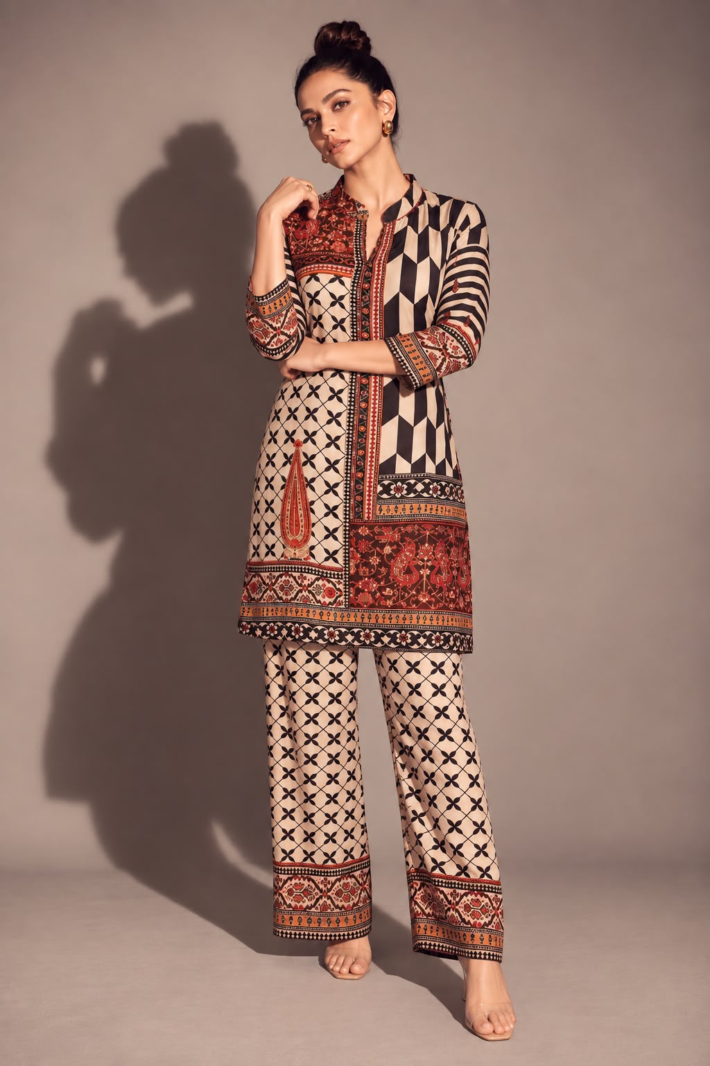 Beige Rust Printed Crepe Silk Co-Ord Set