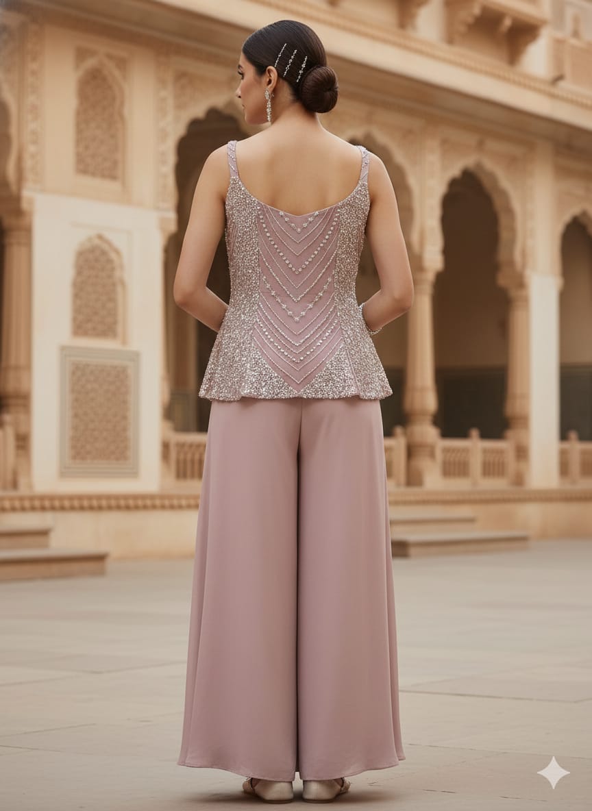 Pale Pink Embroidered Premium Organza Palazzo Set