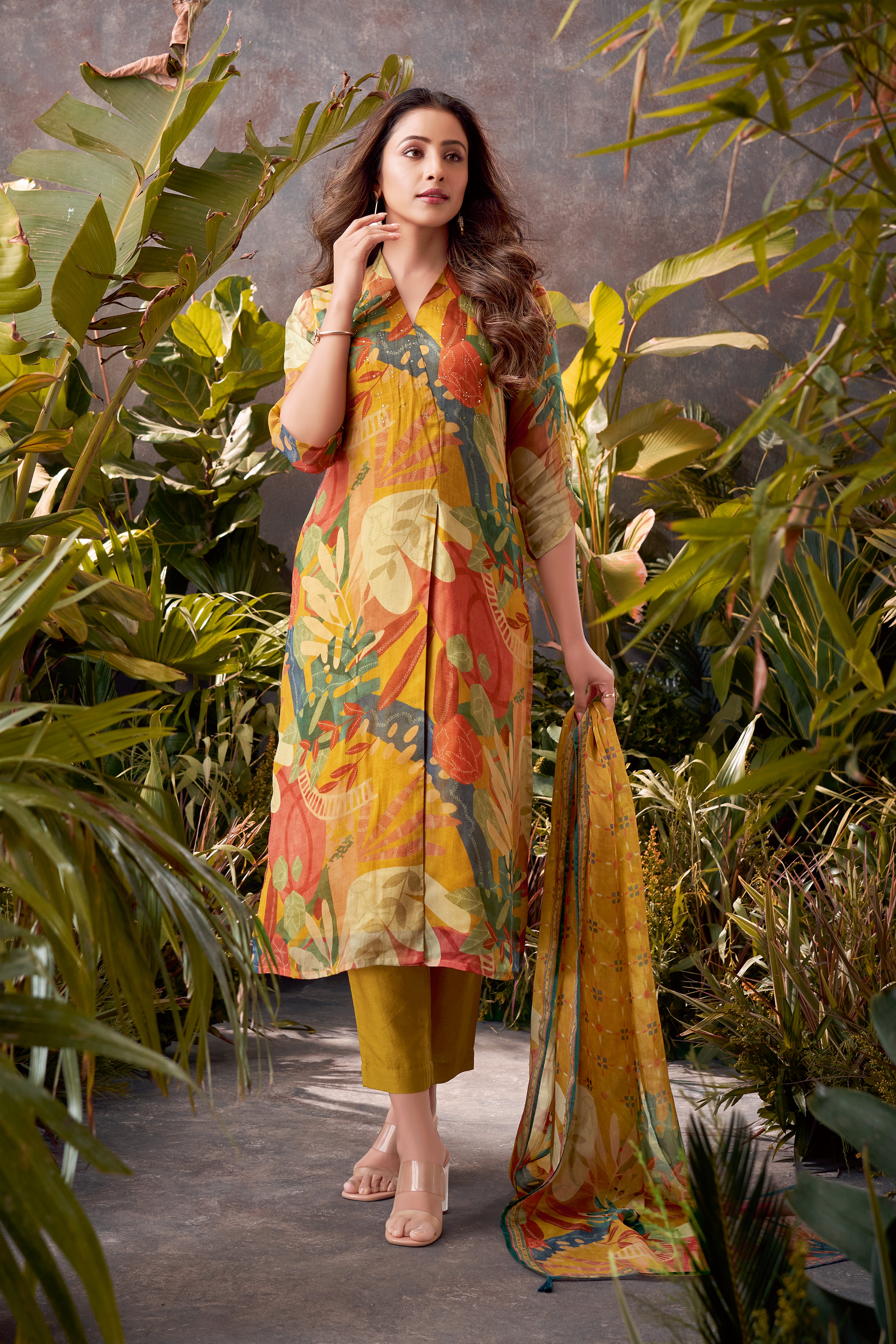 Mighty Mustard Floral Printed Georgette Silk Kurta Pant Set