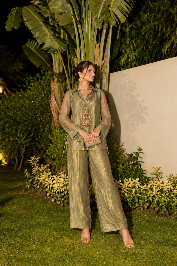 Light Green Embellished Shimmer Tissue Silk Co-Ord Set