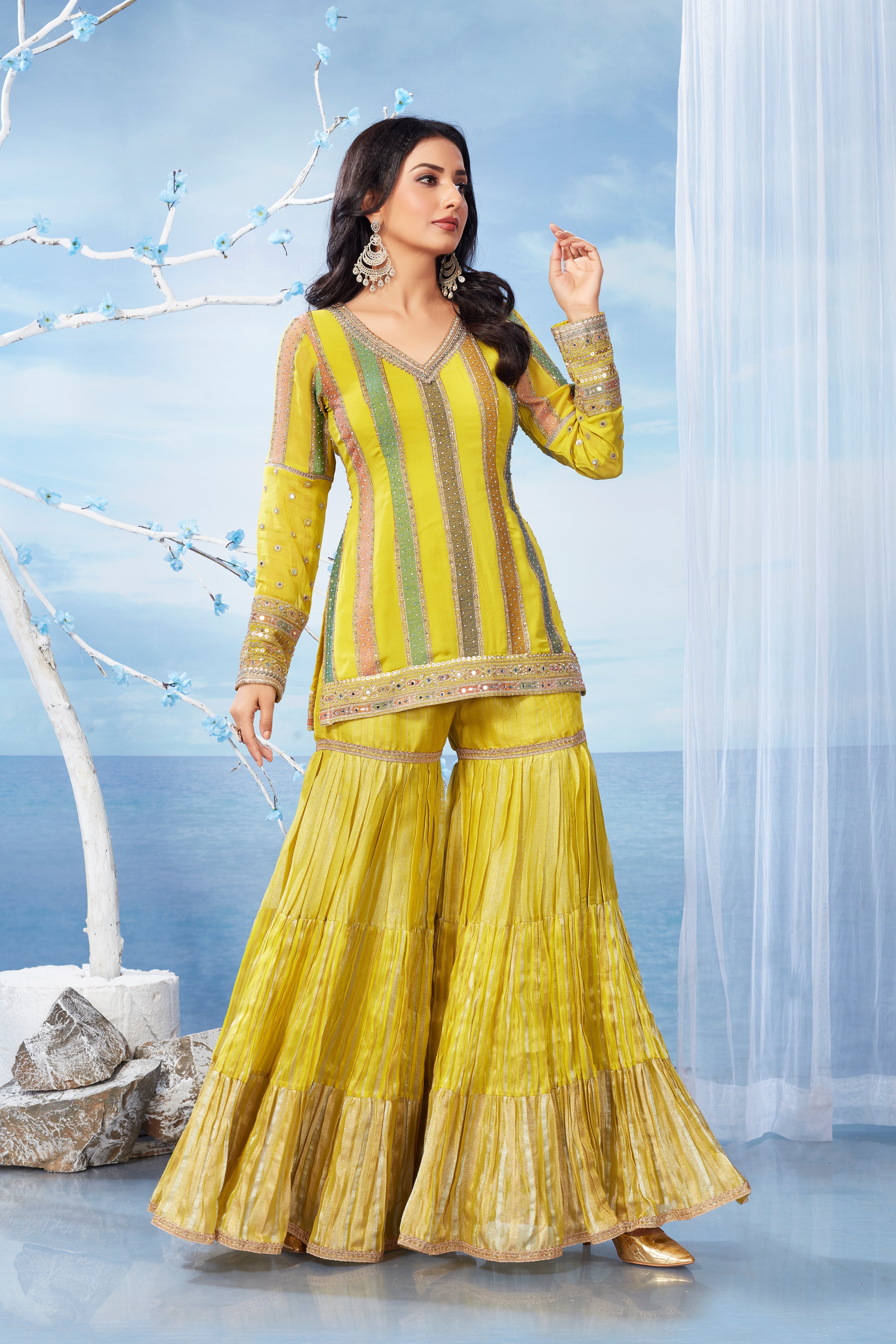 Pear Green Embellished Italian Silk Sharara Set